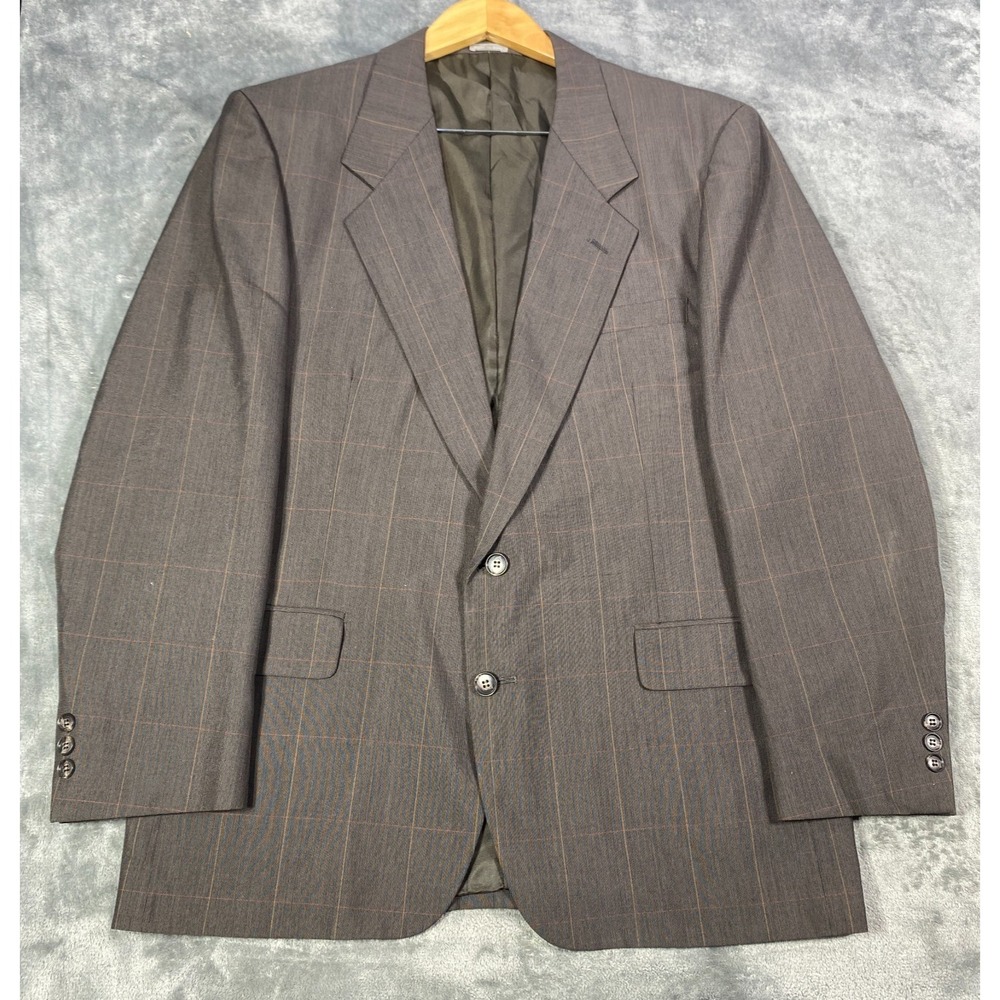 Vintage Men's 44R Brown Wool Blazer Windowpane Plaid Hand Tailored Made in Italy